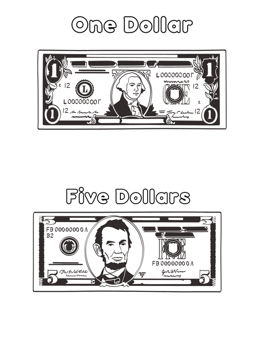 One and Five Dollar Bill Coloring Sheet