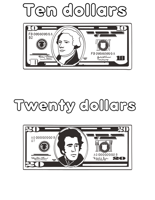 Ten and Twenty Dollar Bill Coloring Sheet